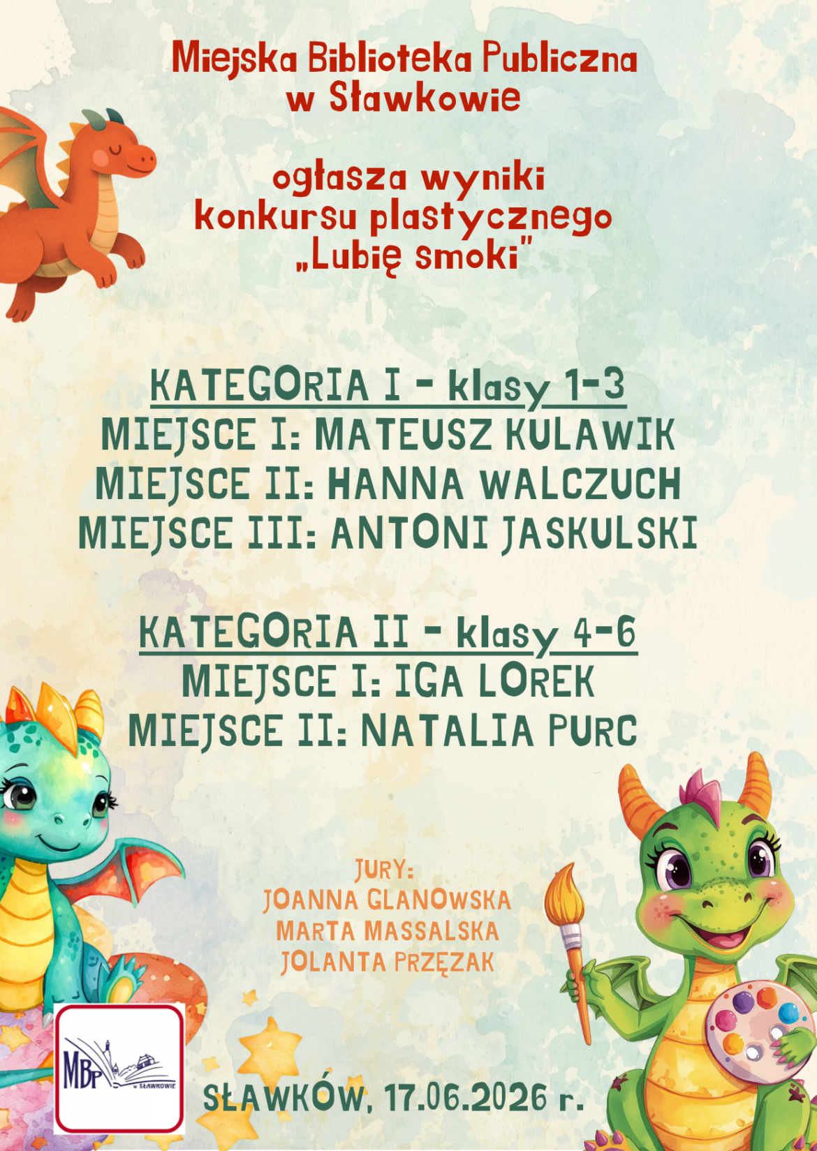 Ogłoszenie wyników konkursu plastycznego dla dzieci „Lubię smoki”.